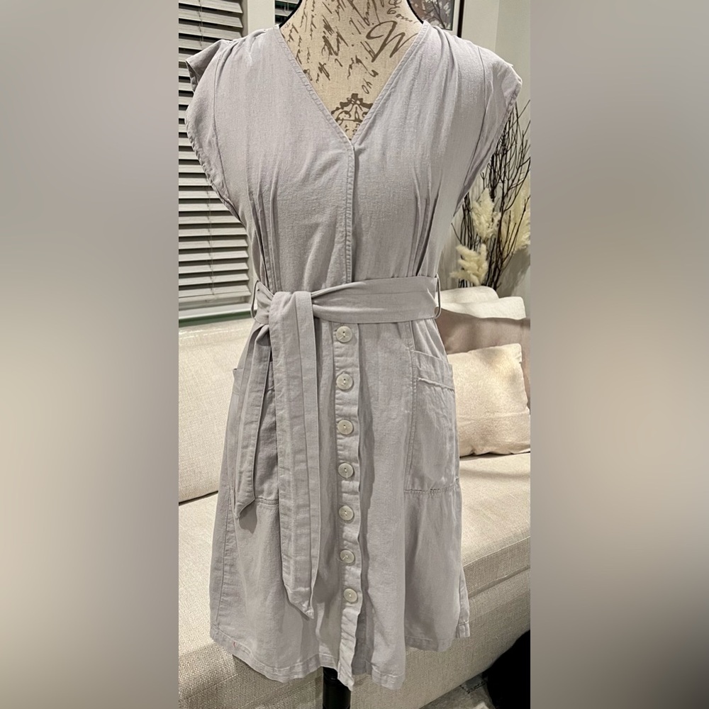 Linen Nicole Miller Light Gray Button-Down Mini Dress Tie Waist XS